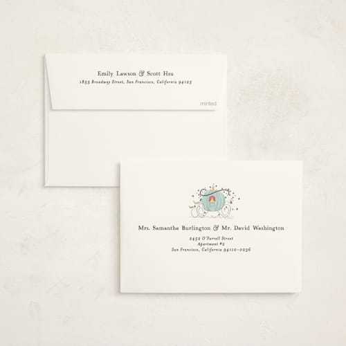 This is a peach foil stamped baby shower invitations with foil pressed by Becky Nimoy called disney's cinderella pumpkin patch printing on signature in standard