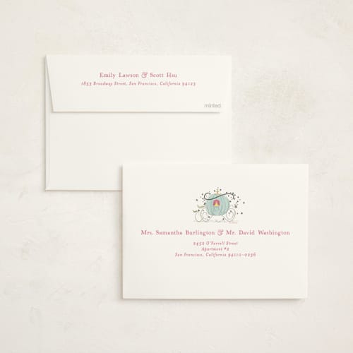 This is a peony foil stamped baby shower invitations with foil pressed by Becky Nimoy called disney's cinderella pumpkin patch printing on signature in standard