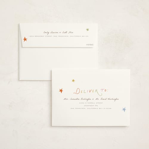 This is a blush foil stamped baby shower invitations with foil pressed by Pixel and Hank called on the way printing on signature in standard
