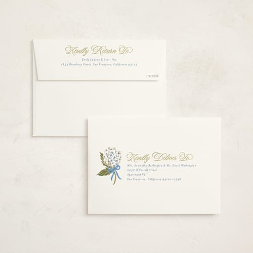 This is a blue bell foil stamped baby shower invitations with foil pressed by Jackie Crawford called hydrangea bow bouquets printing on signature in standard