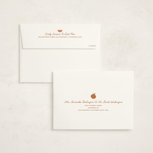 This is a peach foil stamped baby shower invitations with foil pressed by Kelly Watkins called a little cutie printing on signature in standard
