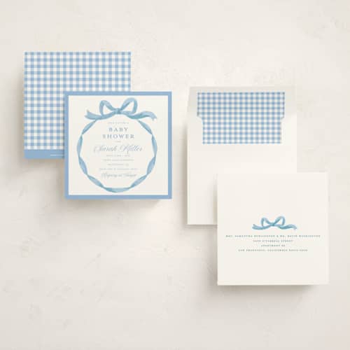This is a sky baby shower invitations with standard by Teju Reval called painted bow printing on signature in standard