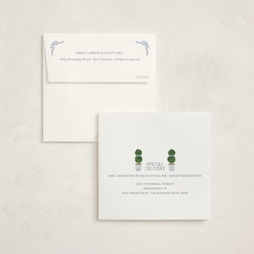 This is a periwinkle baby shower invitations with standard by Jenna Holcomb called topiary printing on signature in standard