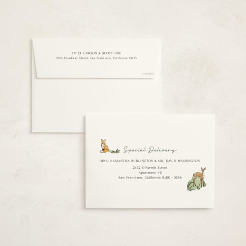 This is a forest baby shower invitations with standard by Elly called a woodland adventure printing on signature in standard