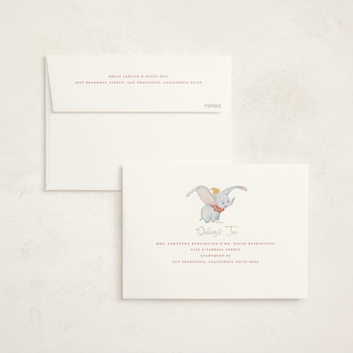 This is a petal baby shower invitations with standard by Teju Reval called disney's dumbo come one come all printing on signature in standard