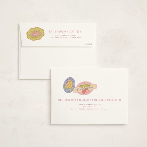 This is a lychee baby shower invitations with standard by Natalie Rae called fruit stickers printing on signature in standard