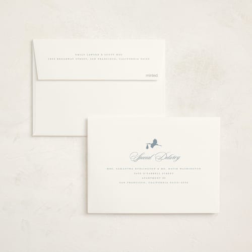 This is a dusty blue baby shower invitations with standard by Stacey Meacham called storybook stork printing on signature in standard