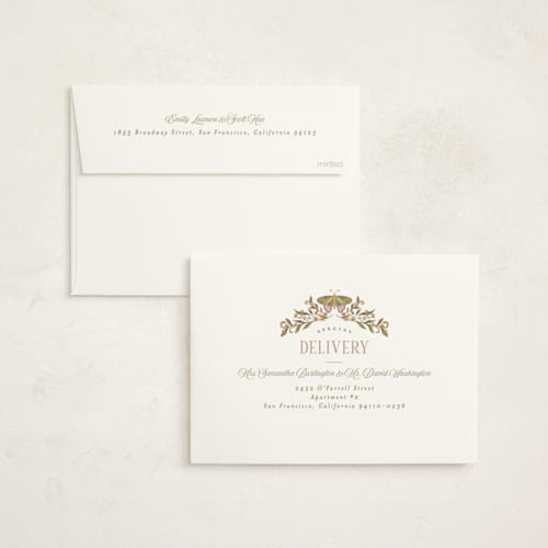 This is a moss baby shower invitations with standard by Joanna Griffin called vintage butterfly printing on signature in standard