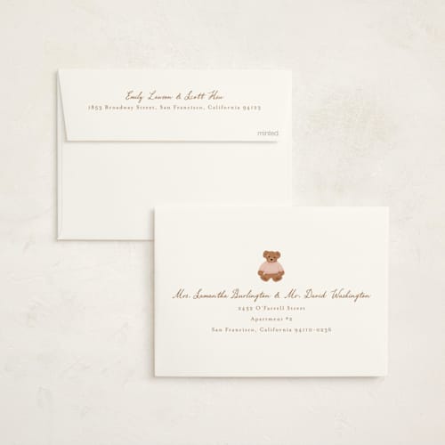 This is a blush baby shower invitations with standard by Erin German called teddy bear monogram printing on signature in standard