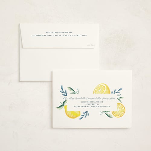 This is a pale blue baby shower invitations with standard by Megan Cash called lemons printing on signature in standard