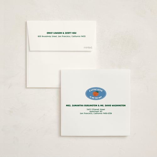 This is a aqua baby shower invitations with standard by Studio Suku called little cutie sticker printing on signature in standard