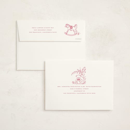 This is a blush baby shower invitations with standard by Teju Reval called baby toile printing on signature in standard