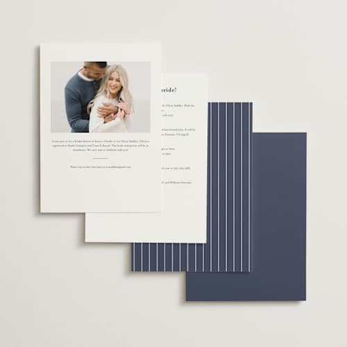 This is a navy bridal shower invitations with standard by JoAnn Jinks called marked printing on signature in standard