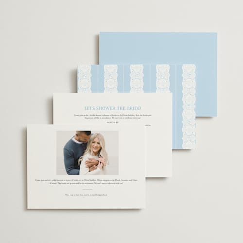 This is a baby blue bridal shower invitations with standard by Studio Suku called lace printing on signature in standard