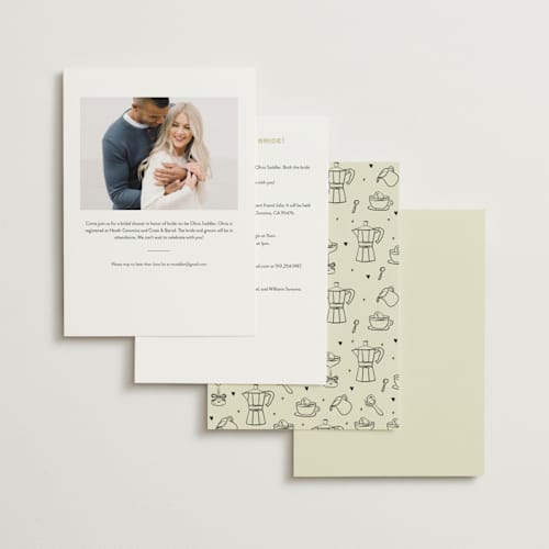 This is a cream bridal shower invitations with standard by Jennifer Lew called espresso printing on signature in standard