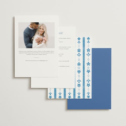 This is a porcelain bridal shower invitations with standard by Morgan Kendall called delft printing on signature in standard