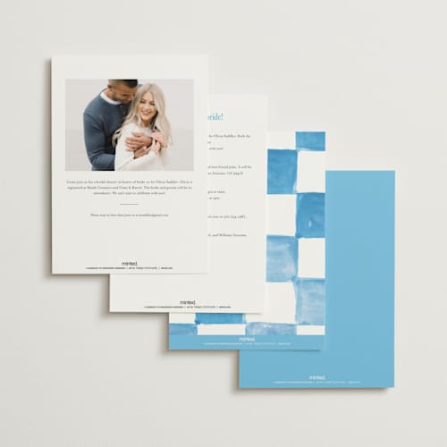 This is a powder blue bridal shower invitations with standard by West Foglia called cin cin spritz printing on signature in standard