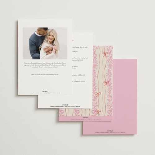 This is a strawberry bridal shower invitations with standard by Elly called cottage ribbons printing on signature in standard