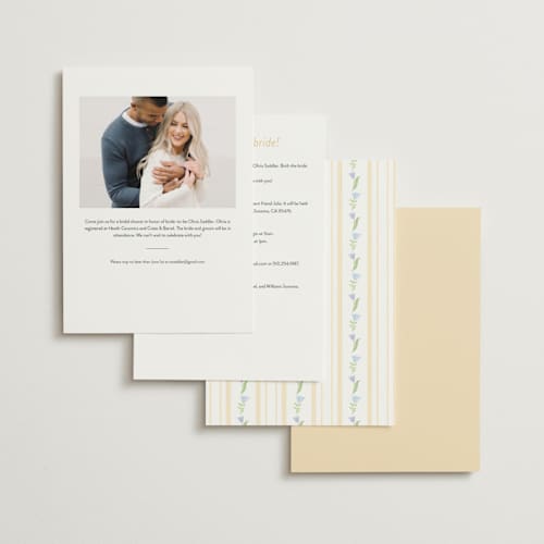 This is a powder blue bridal shower invitations with standard by Creo Study called folk garden printing on signature in standard