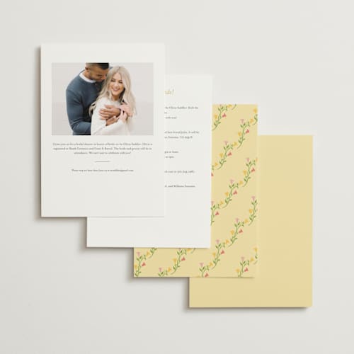 This is a golden bridal shower invitations with standard by Sarah Rosenthal called gardenia printing on signature in standard