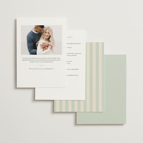 This is a mint bridal shower invitations with standard by Ani Somi called charming in stripes printing on signature in standard