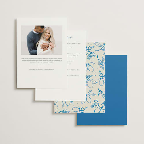 This is a cobalt bridal shower invitations with standard by Pati Cascino called mediterraneo printing on signature in standard