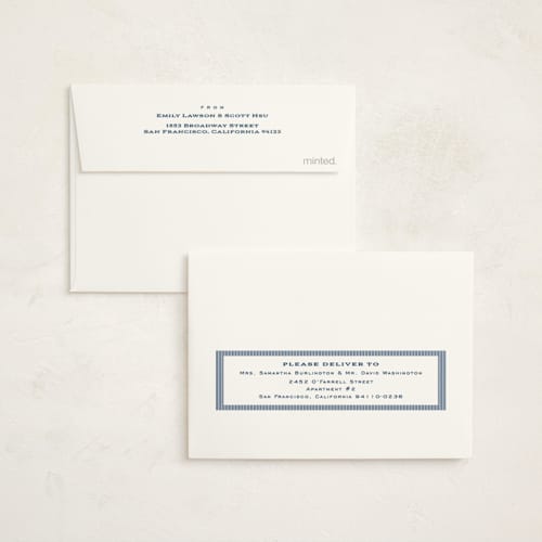 This is a denim baby thank you cards with standard by Lea Delaveris called hickory stripe printing on signature in standard