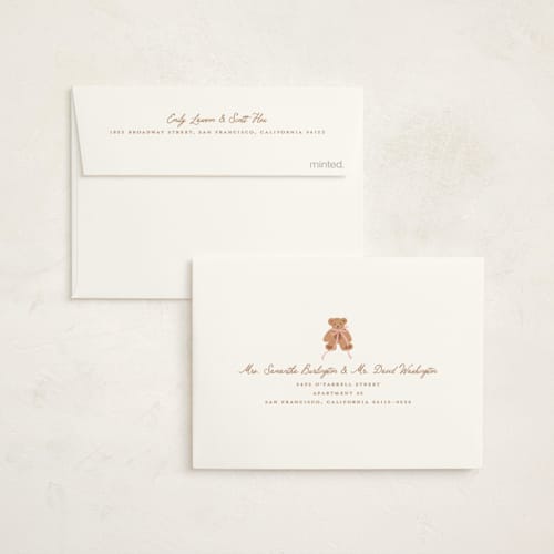 This is a pinky baby thank you cards with standard by Erin German called teddy bear stripes printing on strathmore in standard