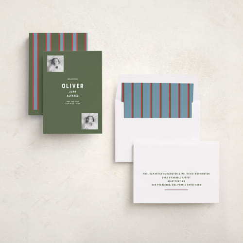 This is a olive birth announcements with standard by Studio Suku called oliver printing on recycled smooth signature in standard