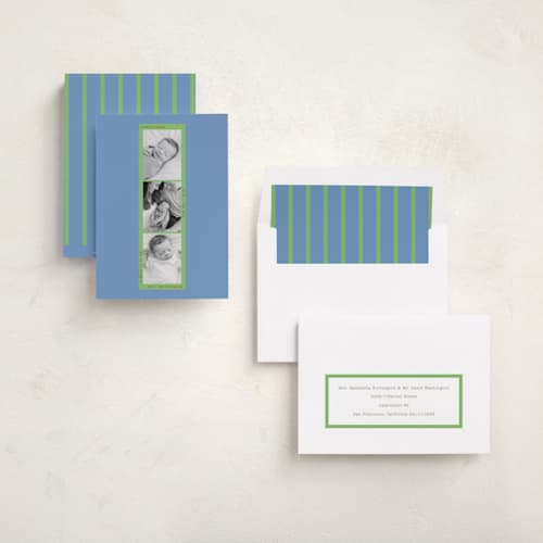 This is a cerulean birth announcements with standard by Baumbirdy called photo booth printing on recycled smooth signature in standard