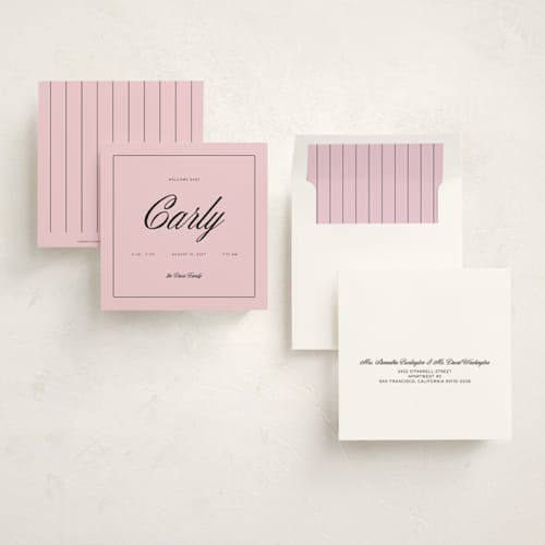 This is a petal birth announcements with standard by Jen Ramsey called baby time printing on signature in standard