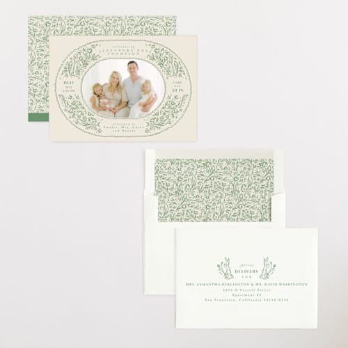 This is a sage birth announcements with standard by Anastasia Makarova called bunnies and flowers printing on signature in standard