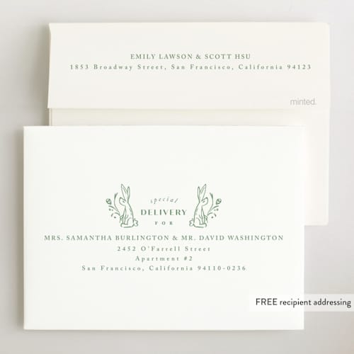 This is a sage birth announcements with standard by Anastasia Makarova called bunnies and flowers printing on signature in standard
