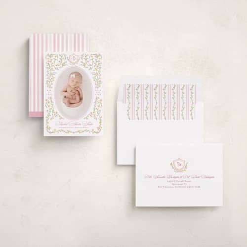 This is a cotton candy birth announcements with standard by Creo Study called cottagecore printing on recycled smooth signature in standard