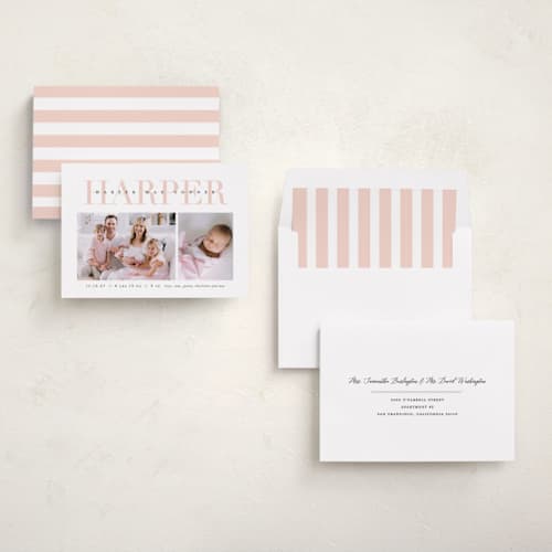 This is a blush birth announcements with standard by Lauren Chism called love-ly printing on recycled smooth signature in standard