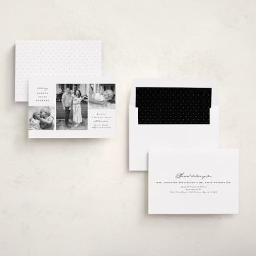 This is a noir birth announcements with standard by Emily Betts called three printing on recycled smooth signature in standard