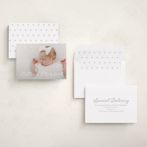 This is a cotton birth announcements with standard by Megan Davis called georgette printing on recycled smooth signature in standard