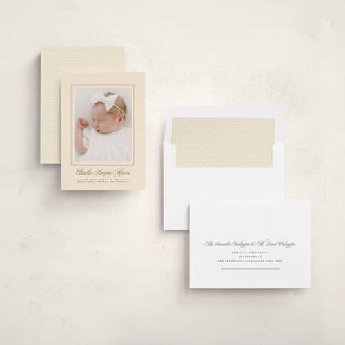 This is a creme birth announcements with standard by mo kelley called classical border printing on recycled smooth signature in standard