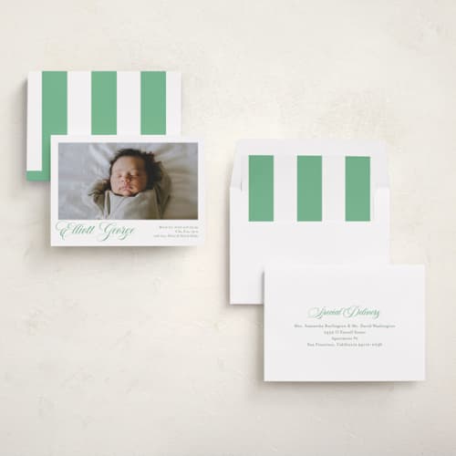 This is a clover birth announcements with standard by Megan Davis called hollis printing on recycled smooth signature in standard