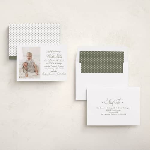 This is a fern birth announcements with standard by Megan Davis called walden printing on recycled smooth signature in standard