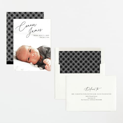 This is a obsidian birth announcements with standard by Kaydi Bishop called on the horizon printing on recycled smooth signature in standard