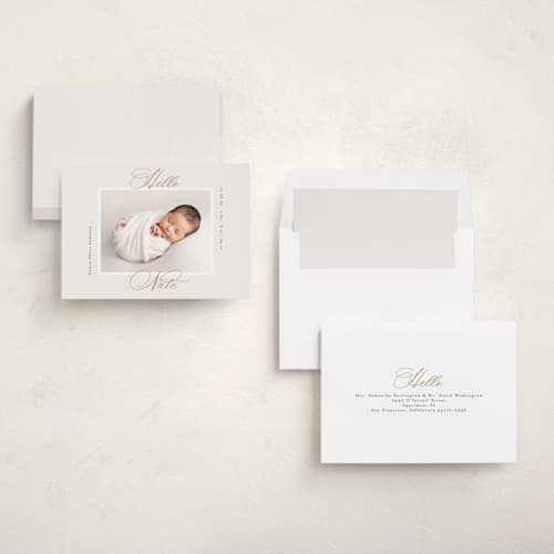 This is a sand birth announcements with standard by Gwen Bedat called sweet stripes printing on recycled smooth signature in standard