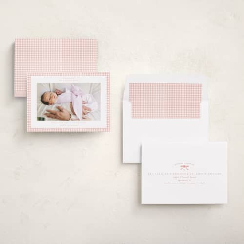 This is a blush birth announcements with standard by Claudia Orengo called preppy fabric printing on recycled smooth signature in standard