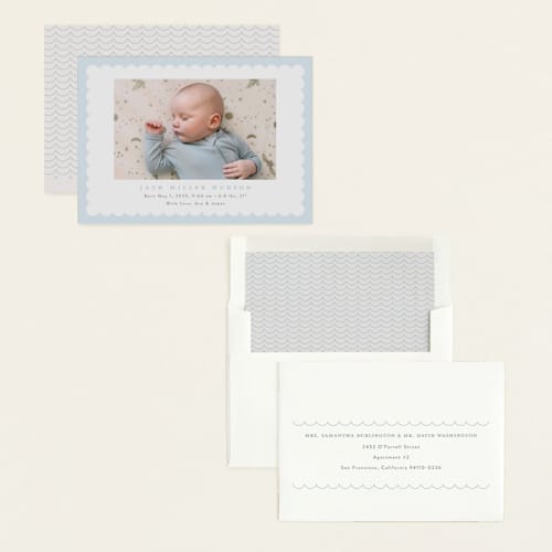 This is a sky birth announcements with standard by Nicoletta Savod called charmed printing on recycled smooth signature in standard