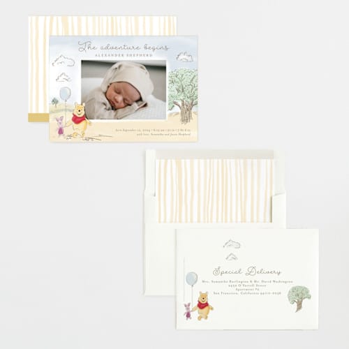 This is a sand birth announcements with standard by frau brandt called winnie adventure printing on recycled smooth signature in standard