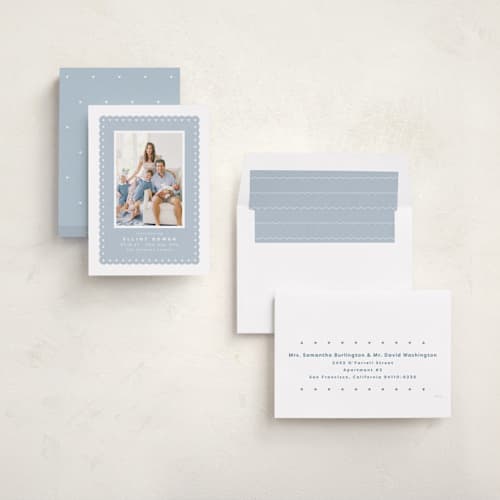 This is a chambray birth announcements with standard by Lea Delaveris called mickey fabric frame printing on recycled smooth signature in standard