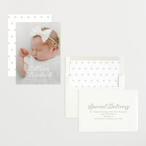 This is a cotton birth announcements with standard by Megan Davis called georgette printing on recycled smooth signature in standard