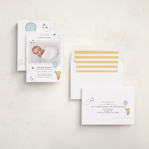 This is a cloud birth announcements with standard by Heather Schertzer called disney sweetest adventure printing on recycled smooth signature in standard