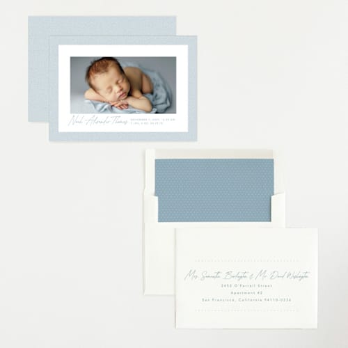 This is a sky birth announcements with standard by Lea Delaveris called corduroy printing on recycled smooth signature in standard
