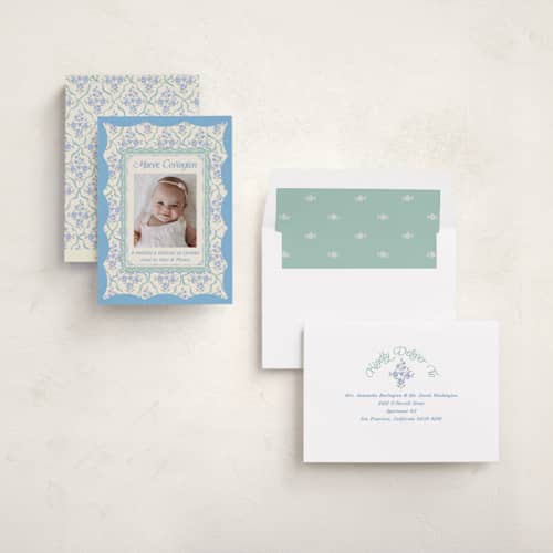 This is a periwinkle birth announcements with standard by Jackie Crawford called highgrove printing on recycled smooth signature in standard
